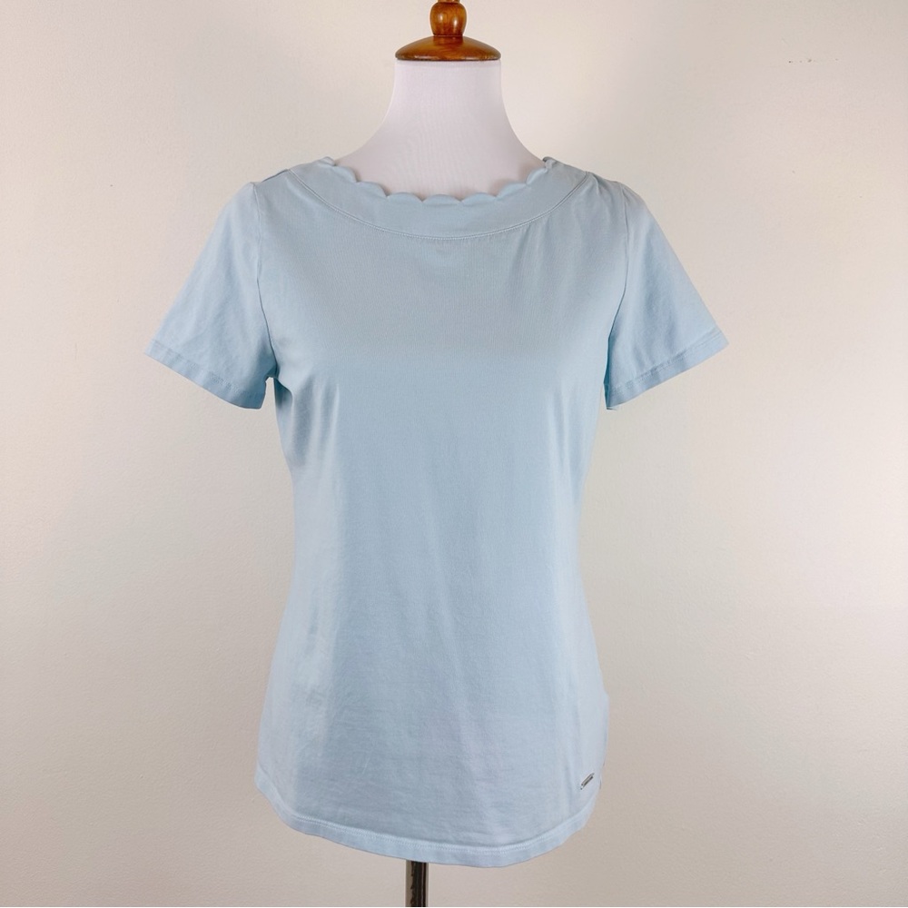 Anne Klein Scalloped T-Shirt Medium Blue Cotton Blend Stretch Short Sleeve